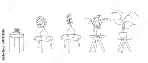 Set of continuous line drawing of house plant and flowers in pots. Linear silhouette houseplant for home interior decorations of trendy scandinavian style contour lines. Doodle Vector illustration