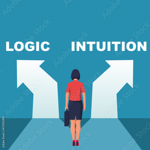 Intuition or logic. Choice way concept. Decision business metaphor. Vector flat style design. Isolated on background. Businesswoman before choosing. Crossroads arrows. Decide direction.