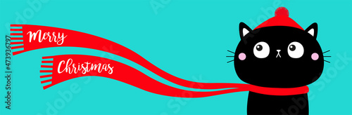 Cute cat kitten head face looks up. Merry Christmas. Red long scarf waving wind. Cartoon kawaii character. Pet baby collection. Xmas Greeting card. Flat design. Blue background. Isolated.
