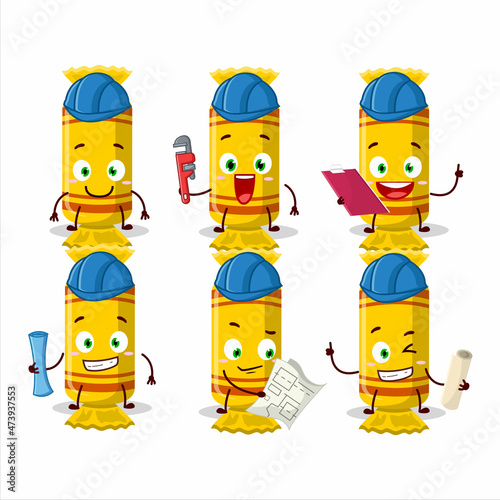 architect yellow long candy package cute mascot character with pliers