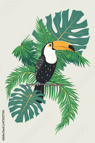 Toucan with tropical leaves