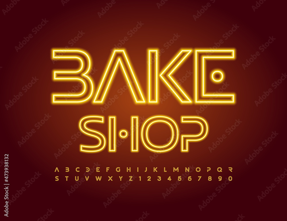 Vector trendy logo Bake Shop with stylish Neon Font. Gold glowing Alphabet Letters and Numbers set