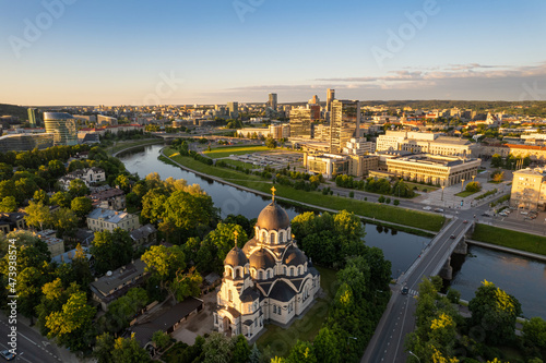 Aerial summer evening sunset view in sunny Vilnius, Zverynas district