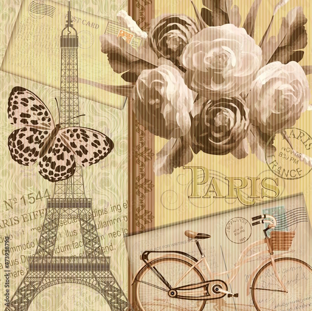 Paris vintage background with roses, Eiffel Tower and bicycle.