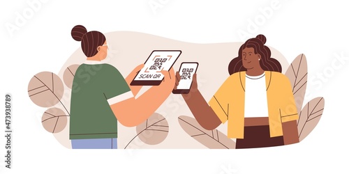 Seller scanning QR code with mobile scanner for client id. Customer with phone getting discount and bonus for points with smartphone app in shop. Flat vector illustration isolated on white background