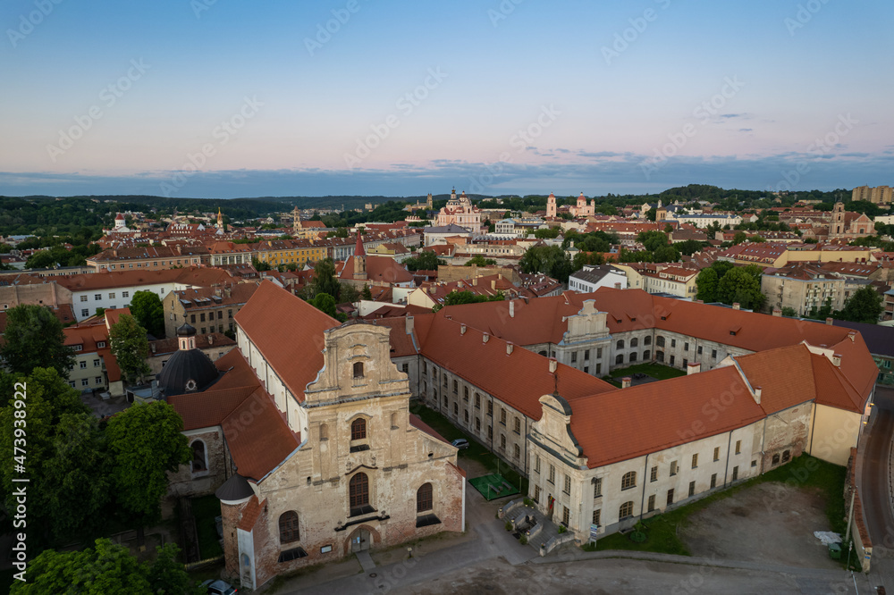 Aerial summer evening sunset view in sunny Vilnius old town