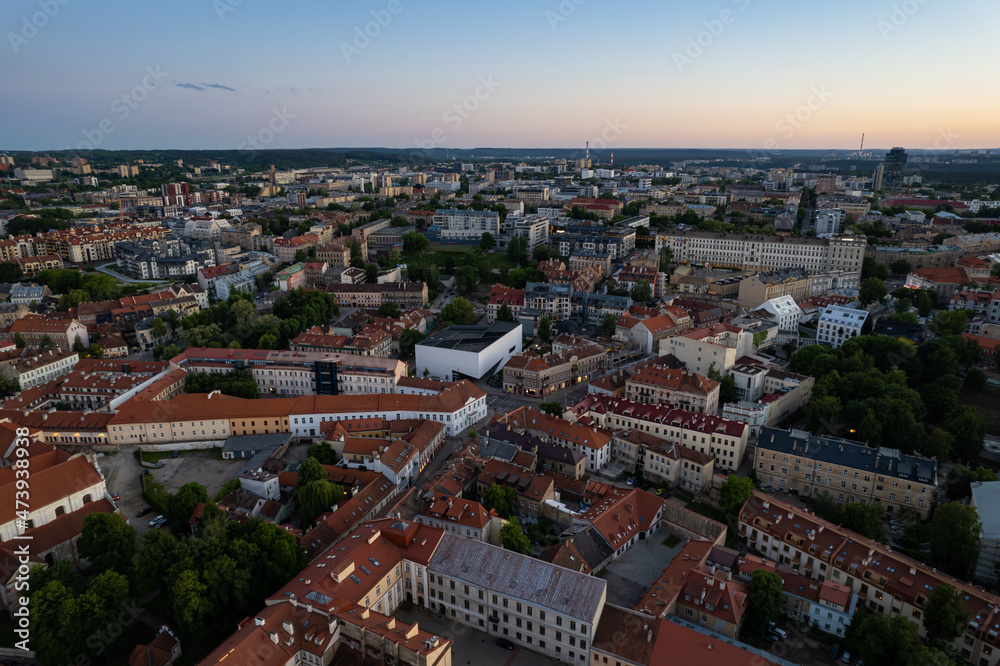 Naklejka premium Aerial summer evening sunset view in sunny Vilnius old town