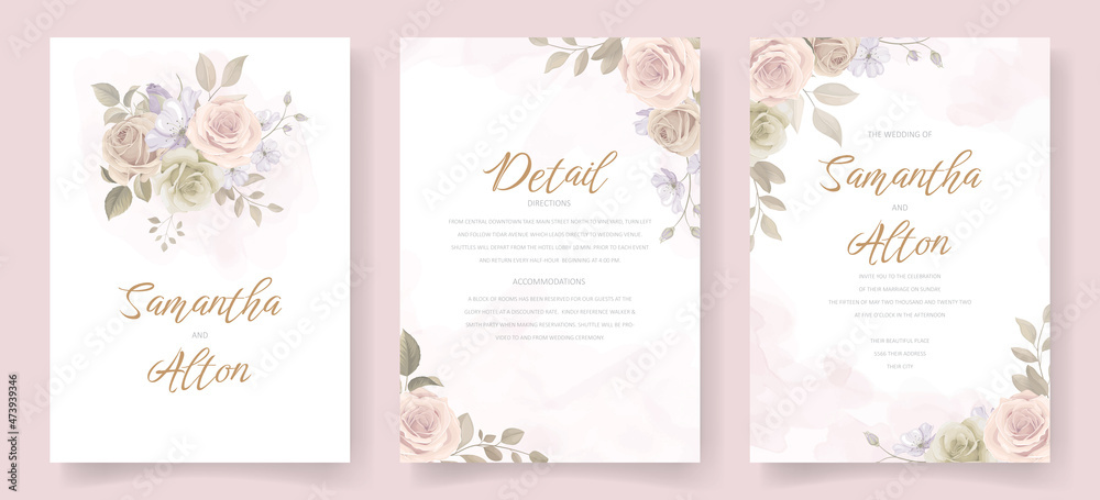 Wedding invitation template set with floral and leaves decoration