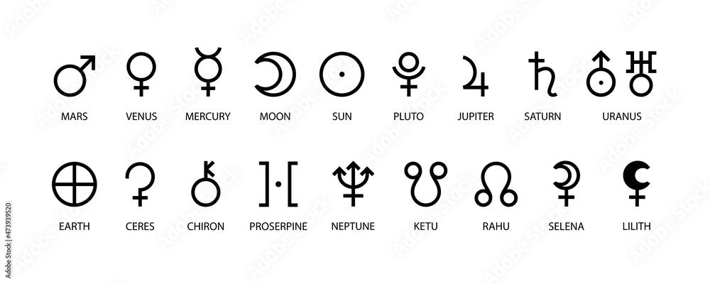 Planet symbol. Vector black sign on white. Mars, venus, mercury and moon. Sun, pluto, jupiter and saturn. Uranus, earth, ceres and chiron. Proserpine, neptune, ketu and rahu. Selena and lilith - obrazy, fototapety, plakaty 