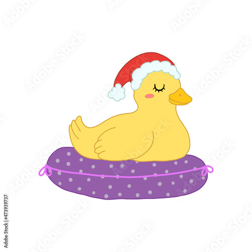 Cute duck in scandinavian style wait for greeting Christmas in santa hat. Childish vector isolated illustration for nursery, print, poster, gifts.