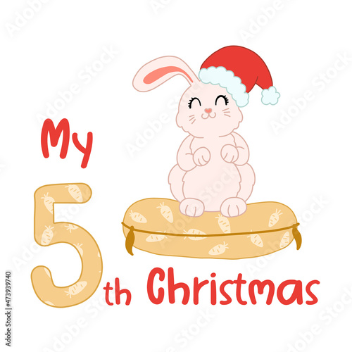 Baby Christmas with cute cartoon rabbit in santa hat. My fifth Xmas bunny for baby shirts, print, greeting card. Vector isolated illustration.