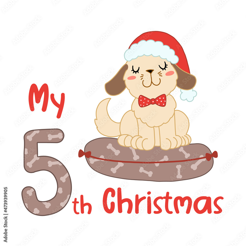 Baby Christmas with cute cartoon dog in santa hat. My fifth Xmas for baby shirts, print, greeting card. Vector isolated illustration. Baby Christmas with cute cartoon dog in santa hat. My fifth Xmas for baby shirts, print, greeting card. Vector isolated illustration.