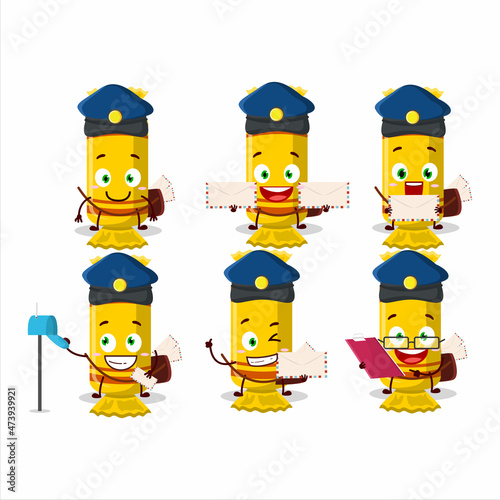 A picture of cheerful yellow long candy package postman cartoon design concept