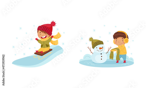 Outdoor seasonal activities set. Cute kids sledding and making snowman vector illustration