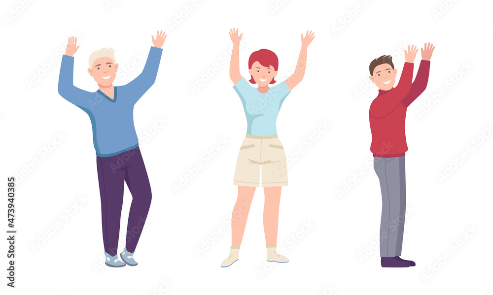 Obraz premium Happy youngmen and woman standing raising hands up set vector illustration