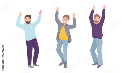 Young cheerful men standing with their hands raised set vector illustration