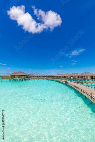 Overwater bungalow in the Indian Ocean. Over water villas with steps into amazing green lagoon  vertical panoramic scenic view. Picturesque summer in Maldives. Luxury resort villas seascape