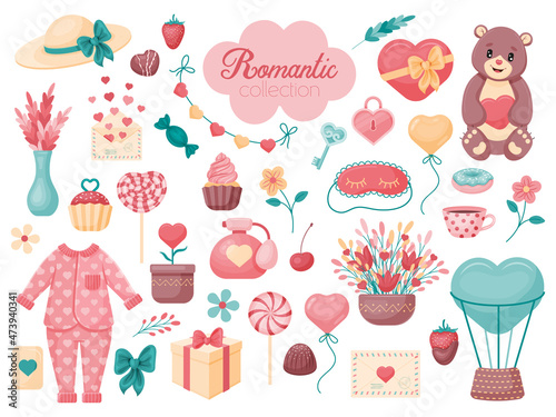 Cute romantic collection. Pajamas, cake, lollipop, key, heart, letters. Lots of objects, cartoon style. Vector illustration. Isolated on white.