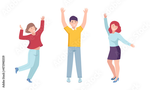 Fototapeta Naklejka Na Ścianę i Meble -  Happy young people standing raising hands up set vector illustration