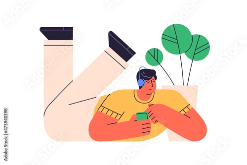 Happy man in headphones listening to music with mobile phone app. Relaxed guy lying with smartphone and enjoying podcast application at leisure. Flat vector illustration isolated on white background