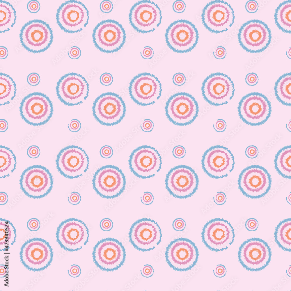 Multicolored circles on a pink background. Children's drawing. Seamless Pattern. Vector illustration