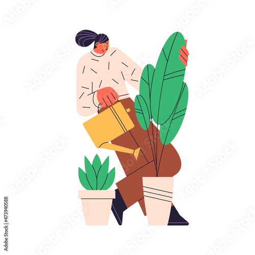 Woman watering potted house plants. Happy person care about modern houseplants. Amateur of home and office foliage decoration. Flat vector illustration isolated on white background