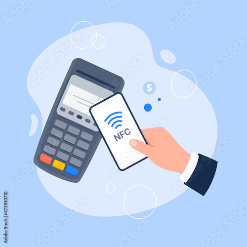 POS terminal with smartphone and credit card. NFC payment. Contactless payment by smartphone, near-field communication protocol, and e-payment. Vector flat illustration.