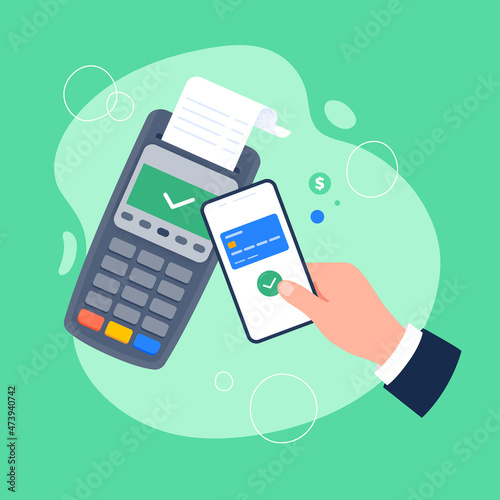 Accepting payment at POS terminal. NFC payments. Contactless payment by smartphone, near-field communication protocol, and e-payment. Vector flat illustration.