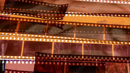 Cut strips of photographic color film. Close-up of color negatives.