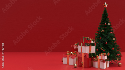 Red podium in christmas background. Decor by christmas tree, gift boxes, ribbon. concept scene stage showcase, product, perfume, promotion sale, presentation. 3D render