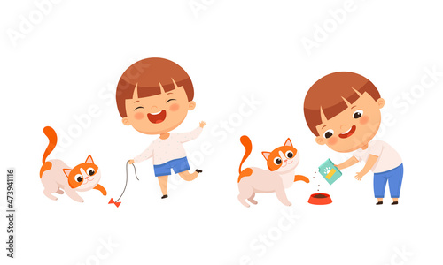 Cute little boy playing and feeding his kitten cartoon vector illustration