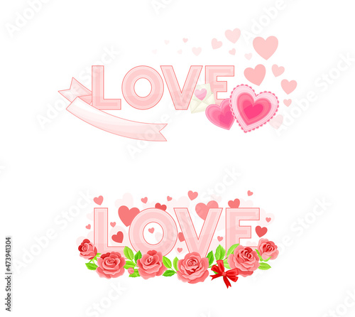 Love, dating, wedding, romantic event symbols set. Love words decorated with flowers and hearts, Happy Valentine day signs vector illustration