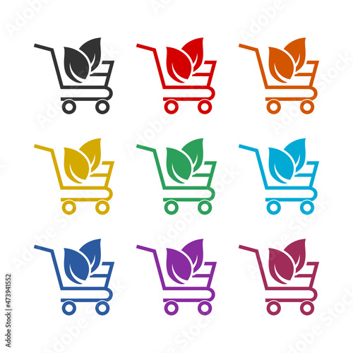 Shopping cart with leaves icon isolated on white background, color set