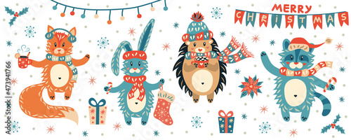 Cute forest animals are getting ready for Christmas. New Year decoration.