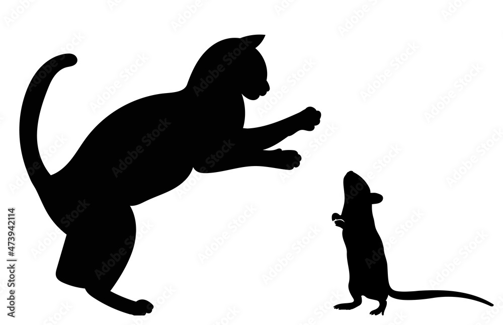 silhouette cat and mouse white background, isolated