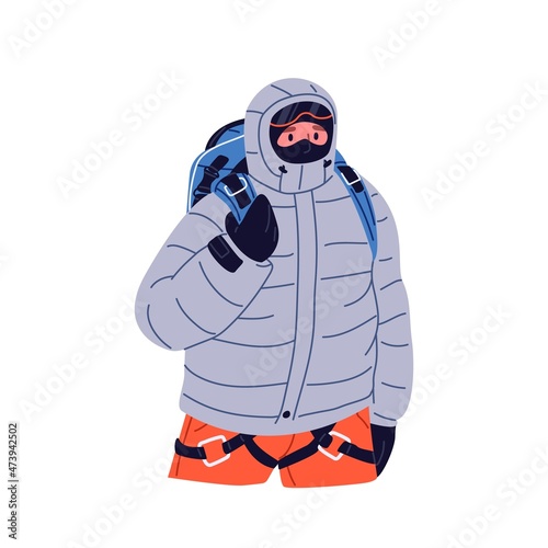 Hiker travel in winter. Tourist in hooded jacket hiking and trekking with backpack. Backpacker with equipment walking. Flat vector illustration of traveler in warm clothes isolated on white background