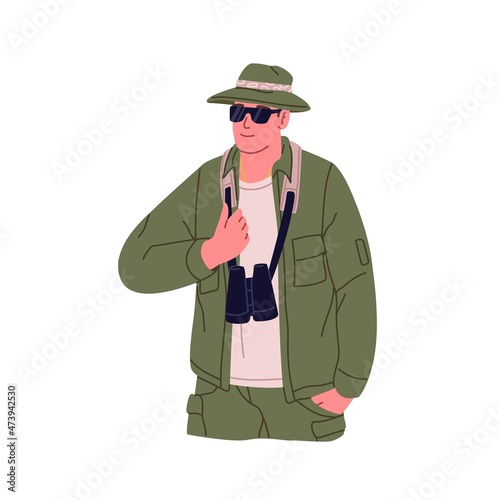 Tourist with binocular hanging on neck. Happy hiker walking and hiking on summer holiday. Man traveler in khaki hat and outfit. Flat vector illustration of person explorer isolated on white background