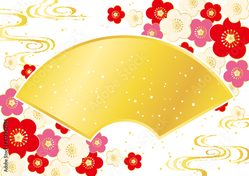梅の花と扇の華やかな和風背景