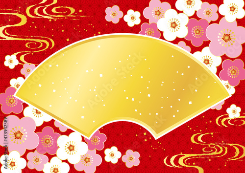 梅の花と扇の華やかな和風背景