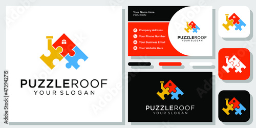 Puzzle Roof Jigsaw Home House Building Solution Toy Modern Logo Design with Business Card Template