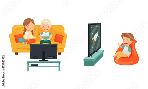 Cute preschool kids watching TV, child leisure concept vector illustration