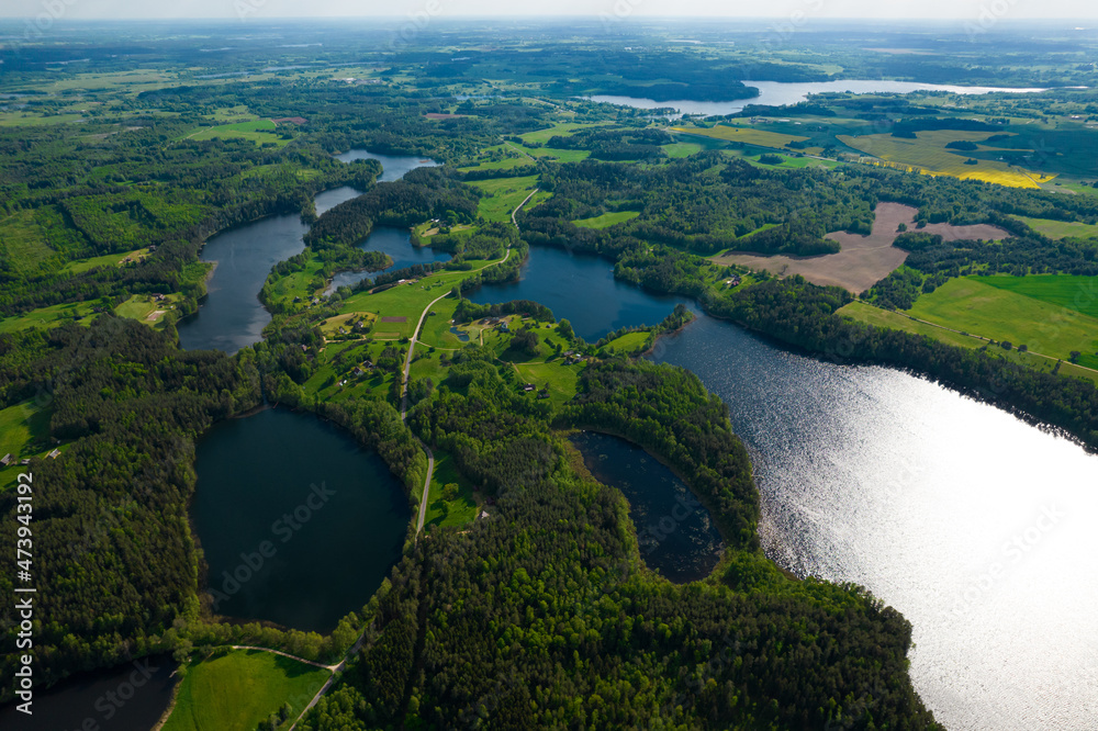 Aerial summer day view of lakes in Moletai district, Lithuania