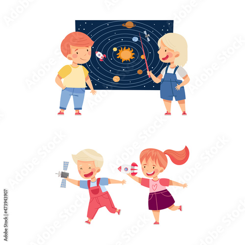 Kids learning about space set. Boy and girl playing with rocket toys vector illustration