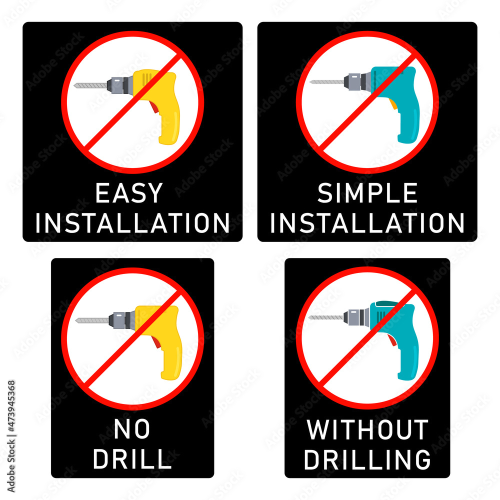 No drill, without drilling, easy installation, simple installation icon with power drill symbol. Crossed out vector clipart and sign. Design template for website elements, sticker, tag and other use. No drill, without drilling, easy installation, simple installation icon with power drill symbol. Crossed out vector clipart and sign. Design template for website elements, sticker, tag and other use.