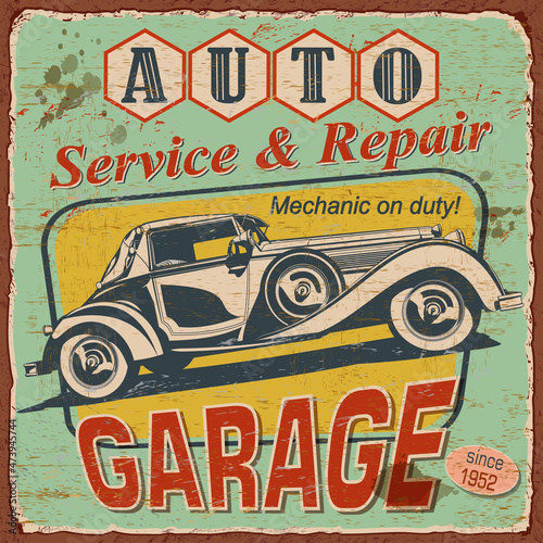 Vintage Auto Service poster with retro car.