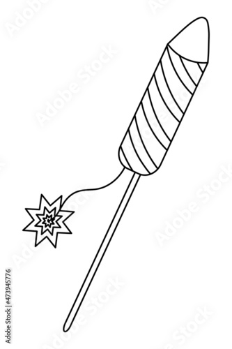 Fireworks rocket. Firework. Sketch. Vector illustration. A cute decoration for the holiday with a lit wick. Pyrotechnic device. Outlines on an isolated white background. Doodle style. Happy new year 