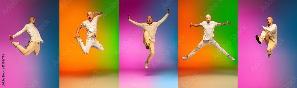 Dynamic movements. Collage with break dance or hip hop dancer jumping isolated over multicolored background in neon.