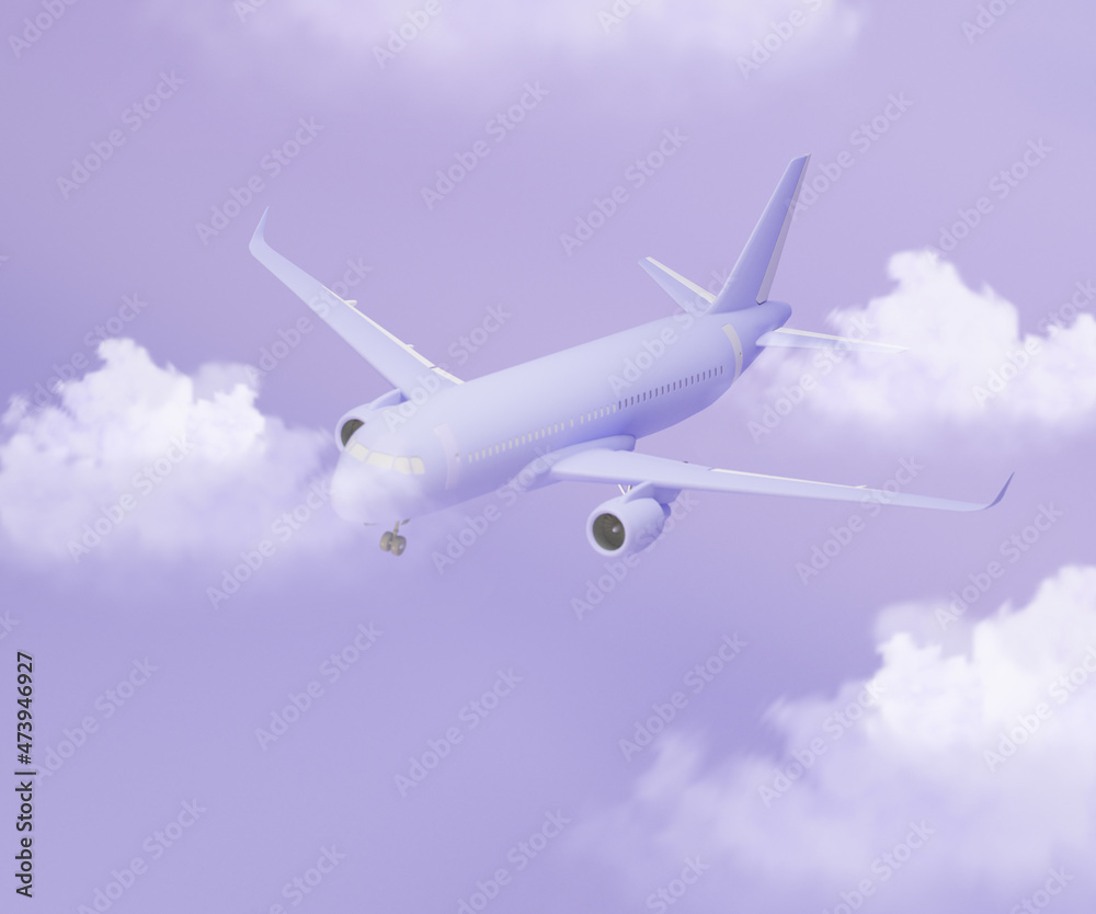 Obraz premium Pastel purple plane flying in the sky with clouds. Plane take off and pastel background. Minimal idea concept. Airline concept travel plane passengers. Jet commercial aircraft. 3d render 