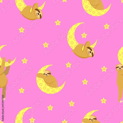 Seamless pattern. Baby sloth hanging on a yellow crescent. Moon and stars. Pink background. Cute and funny. Cartoon style. Good night. Kids bedroom. Post card, wallpaper, textile, wrapping paper