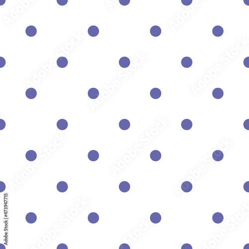 Color of year 2022 seamless very peri polka dot pattern, vector illustration. Polka dot pattern with violet circles on white background. Abstract background for scrapbook, print and web